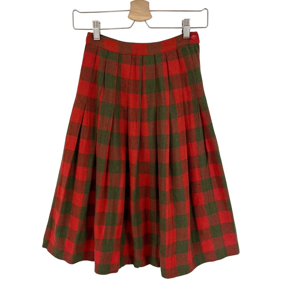 Vintage 50s / 60s Red Green‎ Plaid Wool Midi Skirt Pleated // Size XS
